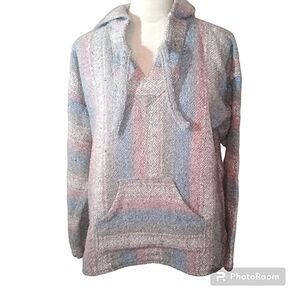 Authentic Woman's Mexican Boho, pink and blue striped Pancho Size M